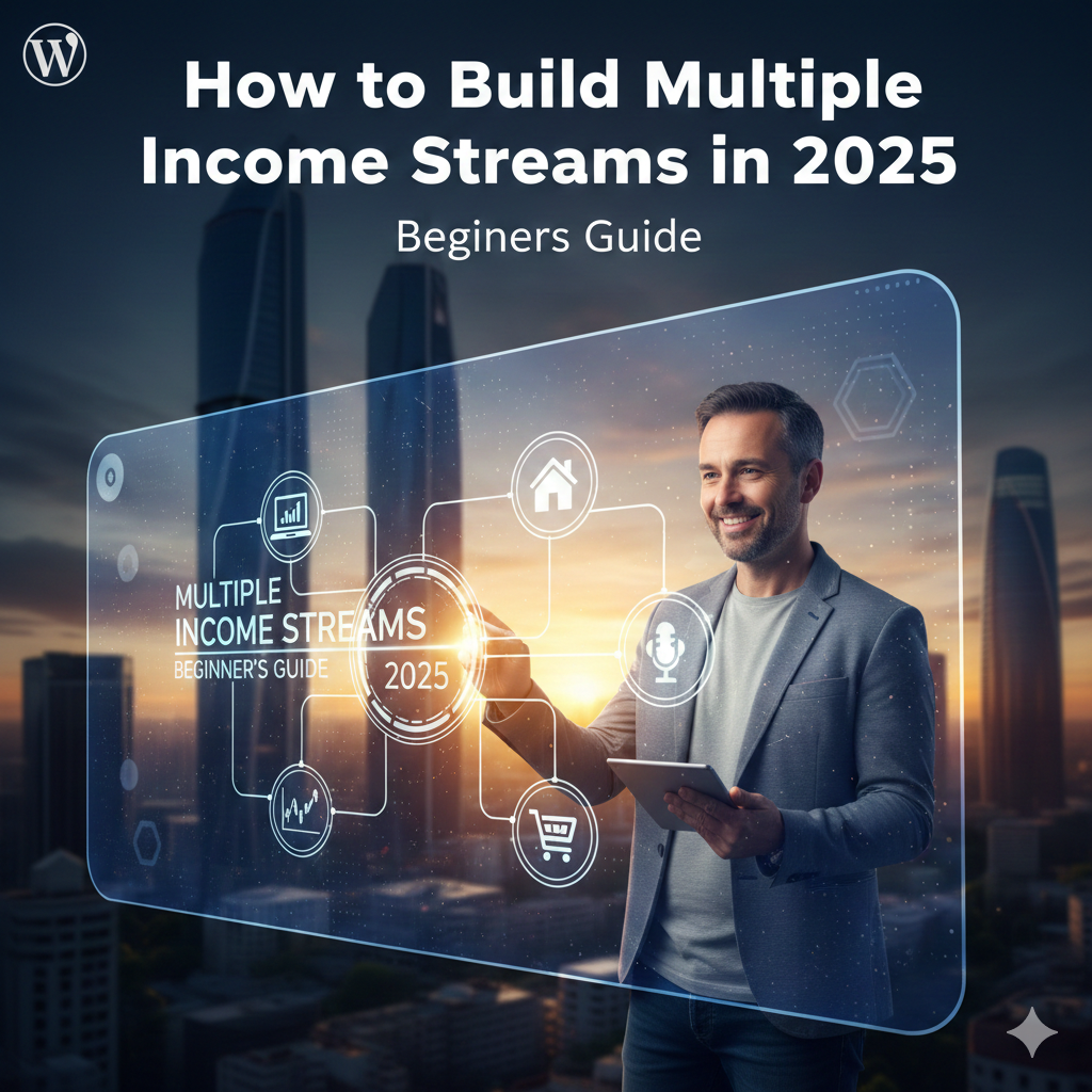 Multiple income streams concept shown with laptop, financial charts, money icons, and digital tools in a modern workspace.
