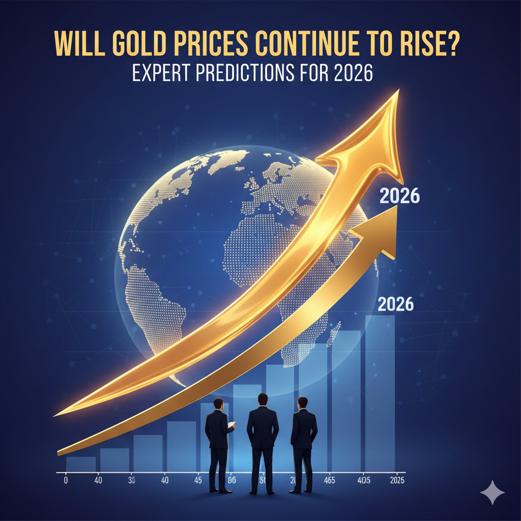 Gold bars with rising price graph representing gold price predictions for 2026.