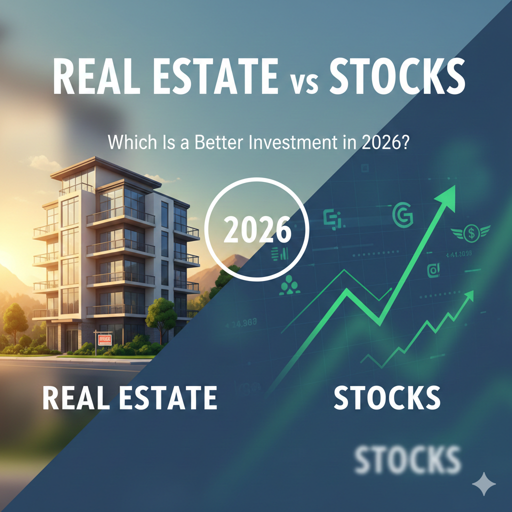 Real estate vs stocks comparison showing property investment and stock market growth in 2026